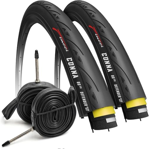 Fincci Set 700x23c Tires Road Bike with 2X Bicycle Inner Tubes 700c - Racing 23-622 Puncture Proof Bike Tires & 60mm Presta Tube - 700c Wheelset for Folding, Touring, Gravel, E Bikes, Bicycle