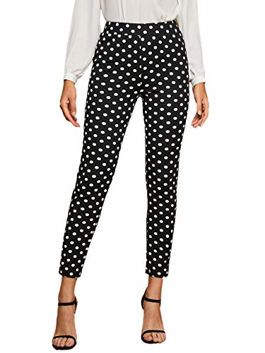 SweatyRocks Women's Casual Skinny Leggings Stretchy High Waisted Work Pants Black White Polka Dot Small