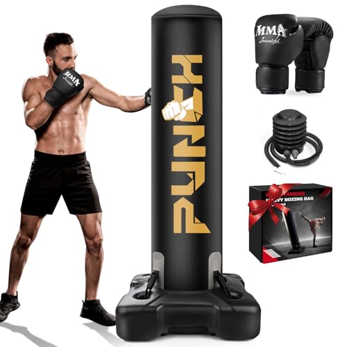 Heavy Boxing Bag with Stand for Adult Teens Kids, Freestanding Inflatable Punching Bag with Gloves, Men Women Stand Kickboxing Boxing Set for Martial Arts MMA Home Gym Exercise Training Equipment
