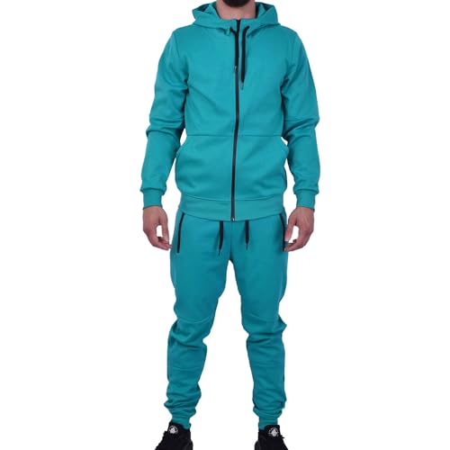 Riflessi Men's Athletic Sports Casual 2 Piece Solid Color Tracksuit Hoodie Jogger Pants Sweatsuit Set (Turquoise, XL)
