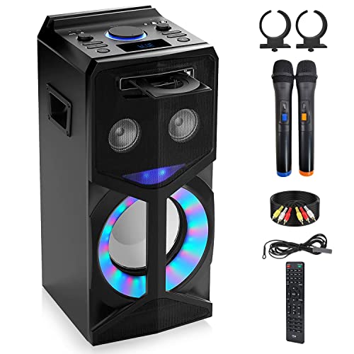 Pyle Audio Video DVD Karaoke PA Speaker System w/2 Wireless Microphones - 800W Built-in Multimedia Disc Player, Bluetooth, FM Radio, USB Slot, LED Display Screen, Remote Control and Cables included