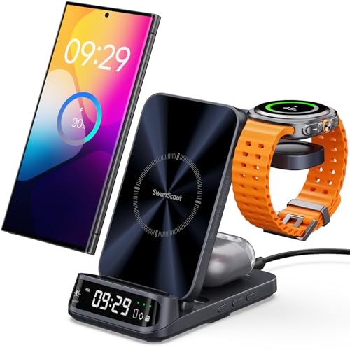 Wireless Charging Station for Samsung, 3 in 1 Wireless Charger for Samsung S25 Ultra/S25+/S25/S24/S23/S22/Z Flip/Fold, for Galaxy Watch 7/Ultra/FE/6/5/Buds 3 Pro, SwanScout 708S (NO Adapter)