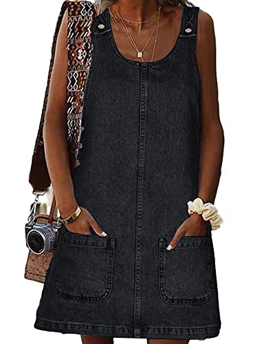 BZB Women's Sleeveless Casual Denim Dress Crewneck Vintage Overall Mini Dress with Pockets Black
