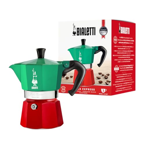 Bialetti - Moka Express Italia Collection: Iconic Stovetop Espresso Maker, Makes Real Italian Coffee, Moka Pot 3 Cups (4.3 Oz - 130 Ml), Aluminium, Colored in Red Green Silver