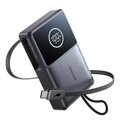 Joyroom Portable Charger Power Bank, with Built in Retractable Type-C Cable, 10000mAh Mini Battery Pack Charger, LED Display Fast Charging Power Bank for iPhone 16/15 Series Android Samsung etc, Black