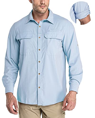 33,000ft Men's Long Sleeve Sun Protection Shirt UPF 50+ UV Quick Dry Cooling Fishing Shirts for Travel Safari Camping Hiking Light Blue