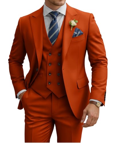 TIJOFA Men's Suits Slim Fit 3 Piece Burnt Orange Double Breasted Suit for Men Wedding Classic Fit Formal Business Prom Party Tuxedo One Button Blazer Vest Pants Son Husband Father XXL