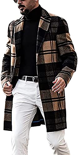 chouyatou Men's Casual Notched Collar Plaid Single Breasted Wool Blend Formal Trench Top Coat (Brown-Plaid, X-Large)