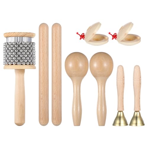 9 Pcs Musical Instruments Set, Wooden Hand Percussion Instruments, Including Wooden Cabasa, Rhythm Sticks, Maracas, Castanets, and Handle Bells