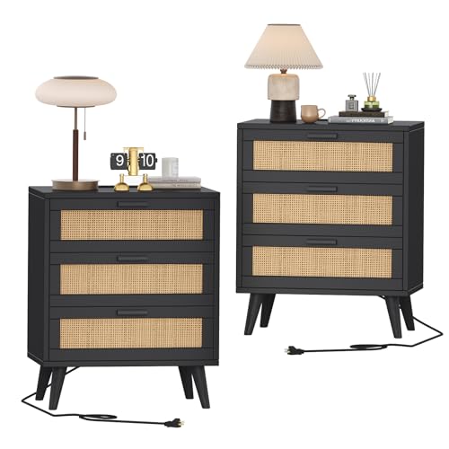 Rovaurx Set of 2 Rattan Nightstand with Charging Station, Night Stand with 6 Drawers, 28.5 Inch Bedside End Table for Bedroom, Side Table with USB Ports and Outlets, Black and Natural RCTG110BME02