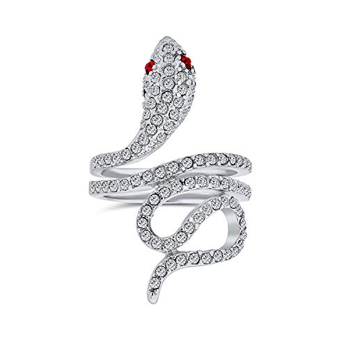 Bling Jewelry Spiral Wrap Serpent Snake Fashion Statement Ring for Women Red Eye Cubic Zirconia Pave CZ Silver Plated Brass