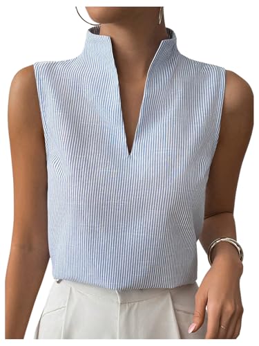 SOLY HUX Women's Work Outfits V Neck Sleeveless Blouses Summer Casual Tank Tops Business Office Dressy Striped Shirts Blue and White X-Large