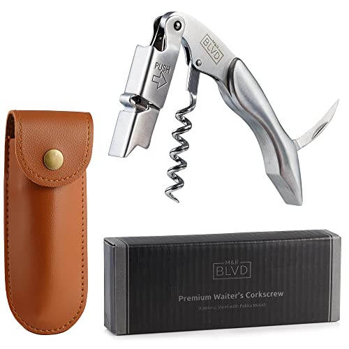 Waiter's Corkscrew with Vegan Leather Sheath by M&R Blvd. - Professional Grade, Deluxe Wine Key - Patented Spring Lever Easy Opening - Foil Cutter, Beer Bottle Opener - Wine Gift Set - Stainless Steel