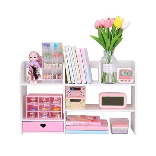 CONKAWACA Cute Bookshelves Cute Bookshelf for Desk Kawaii Desk Organizer with Drawer Office Desk Organizers and Accessories Storage Home Decor Display (Pink)