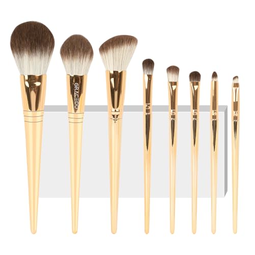 8PCS Premium Makeup Brush Set, Travel Makeup Brushes, Use Foundation Liquid Powder, Highlight Eyeliner Concealer Eyebrow, Various Occasions (Gold Color, No Hair Fall, Easy to Clean)