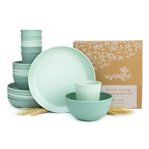 Wheat Straw Dinnerware Sets for 6, Microwave and Dishwasher Safe, Reusable and Durable, Unbreakable Cups, Plates and Bowls Sets, Lightweight Dishes for Kitchen, RV, Camping, Kids, 18-piece Sage