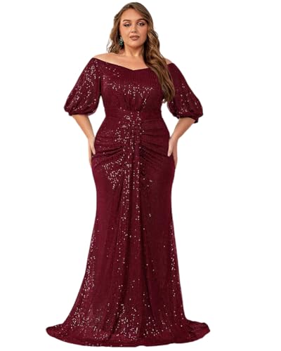 Women's Plus Size Off Shoulder Puff Sleeve Sequin Formal Maxi Dress Evening Party Gowns Red