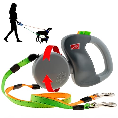 WIGZI - 2025 Enhanced Edition - Dual (2) Dog Retractable Leash, Auto-Untangles, Supports Up To 50lb Dogs, 10ft Distance Each Dog, Color-Coded Control, Reflective Leads, Waterproof, Gray Color
