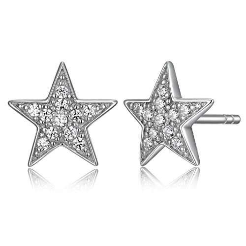 MORGAN & PAIGE .925 Sterling Silver Rhodium Plated Pave Star Stud Earrings for Women - Elegant Star White Cubic Zirconia Earrings Studs, Dainty Hypoallergenic Celestial Silver Jewelry
