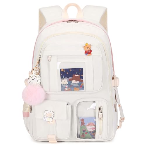 Laptop Backpacks 16 Inch School Bag College Backpack Large Travel Daypack Kawaii Bookbags for Teens Girls Women Students (Off-white)