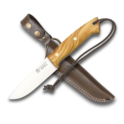 Joker Ranger CO144 Bushcraft Hunting Knife – 4.3'' 14C28N Steel Blade, Olive Wood Handle, Brown Leather Sheath – Outdoor Knife for Hunting, Fishing, Camping & Hiking
