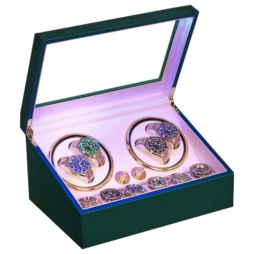 J&T Technology Watch Winder for Automatic Watch,4 Watch Winder and 6 Watch Storage Box with LED Light,Quiet Japanese Motor,Flexible Watch Pillows,AC Adapter (Green)