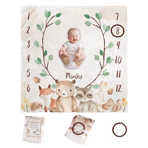 KooKooBaby Monthly Baby Milestone Blanket,47"x47" Premium Fleece Baby Monthly Milestone Blanket with Felt Marker, Baby Boy or Girl Month Age Growth Blanket - Woodland Nursery Animals