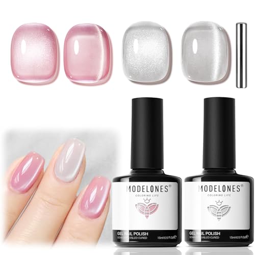 modelones Cat Eye Gel Nail Polish, 2 PCS 15ML Pink Sliver Holographic 9D Cat Eye Glitter Multichrome Silver Pink Shades Polish with Magnet Soak Off Led Nail Art Gel DIY Salon Gift