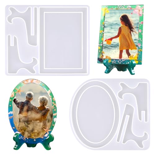 Resin Mold for Photo Frame, Picture Frame Silicone Molds with Stand Holder, Rectangle & Oval Frame Molds for Resin Casting, DIY Personalized Photo Frame for Handmade Gifts Home Decor(2 Set)