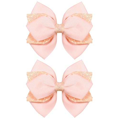 4" Glitter Korean Pink Ribbon Hair Bow Alligator Clips Bowknot Sequins Hair Barrettes Pin for Toddler Teen Girls Valentine Birthday Wedding Party Dress Decor Accessories Gift