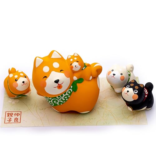 Shiba Inu Family Figurine – Japanese Lucky Dog Set, Traditional Maneki Inu Good Luck Charm, Handcrafted Home & Office Decor, Cute Shiba Inu Puppy Ornaments, Feng Shui Wealth & Protection Gift