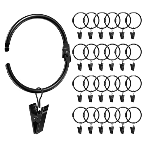 Ginbel Direct 24 Pack 2 Inches Curtain Rings with Clips, Openable Drapery Metal Clip Iron Drapes Hangers Decorative for Windows Rods Rustproof, Black