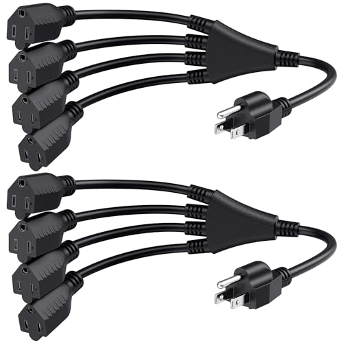 Cable Matters 2-Pack 4 Outlet Power Splitter Cord 1.5 ft, NEMA 5-15P to NEMA 5-15R Y Power Cord Splitter, 16 AWG Outlet Saver, 4 Way Extension Cord Splitter, 1.5 Feet