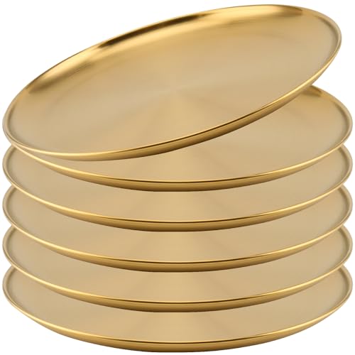 JOIKIT 6 Pack 12 Inch Gold Stainless Steel Plate, Round Metal Dinner Plates, Kitchenware Dinner Dishes Serving Tray Large Camping Plates for BBQ, Snack, Food Serving, Dishwasher Safe