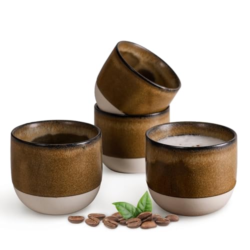 INGOFIN Ceramic Espresso Cup Set - Espresso Cup Set for Coffee and Tea, Espresso Accessories for Espresso Machine, Coffee Mug for Cafe, and Restaurant, Pack of 4, Brown, Microwave & Freezer Safe