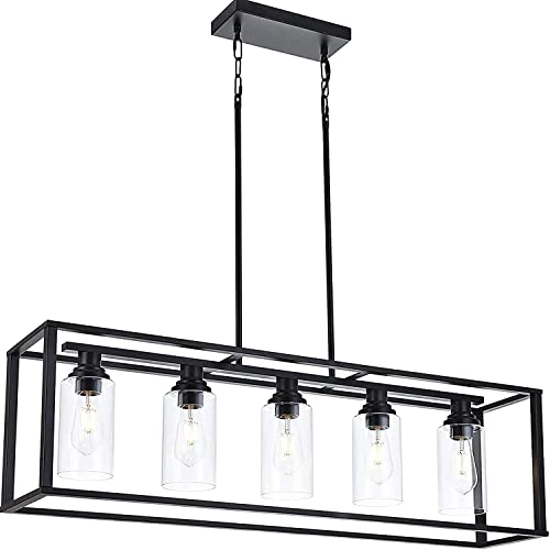 Luburs Dining Room Light Fixtures Over Table Black, 5 Lights Kitchen Island Pendant Lighting, 41" Linear Chandelier with Clear Glass for Living Room Restaurant Pool Table, Metal Black Socket