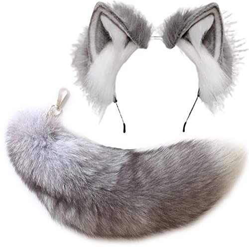 Valpeak Fox Ears and Tail Therian Tail Gear Wolf Ears for Kids Fluffy Therian Stuff Fox Costume for Girls Over 1 Years Old(ExpEar-Grey)