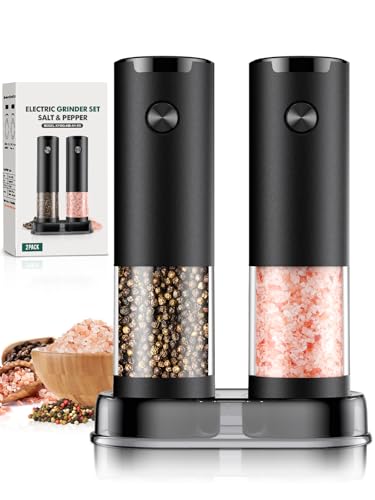 Electric Salt and Pepper Grinder Set Automatic Battery Pepper Mill Shakers Adjustable Coarseness Easy Filling Upgraded Larger Capacity with Led (2 Pack Black/Black）