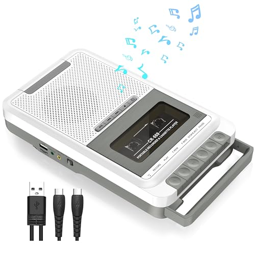 Cassette Player Recorder Converter,Record to Cassettes/USB/SD Card via Mic, Portable Cassette to MP3 Music via U Disk/SD Card or PC, Cassette Tape Player with Headphone Jack,Retractable Handle (White)