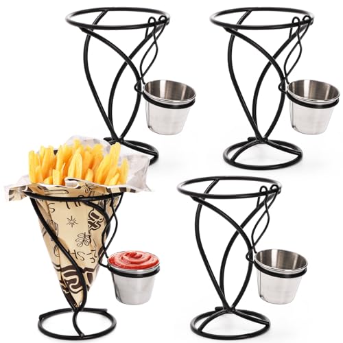 DEAYOU 4 Pcs French Fry Holder, Metal Fish and Chips Cone Basket with Sauce Cup, Fried Chicken Display Rack Wire Stands for Snack, Appetizer, Ice Cream, Buffet, Kitchen, Restaurant, Party Supplies