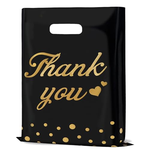 12"x15" Thank You Bags for Business Small Shopping Bags 100Pcs, 2.36Mil Extra Thick Plastic Merchandise Gifts Bag for Packaging Products, Retail Boutique for Wholesale Clothes Stores, Polka Dot, Black