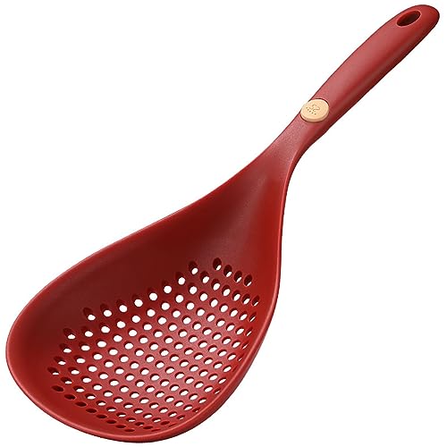 Kitchen Cooking Utensils,Silicone Food Colander with Handle,Large Strainer Spoon, Slotted Spoon,Heat Resistant for fried food, Water Leaking Colander (Large/Red)