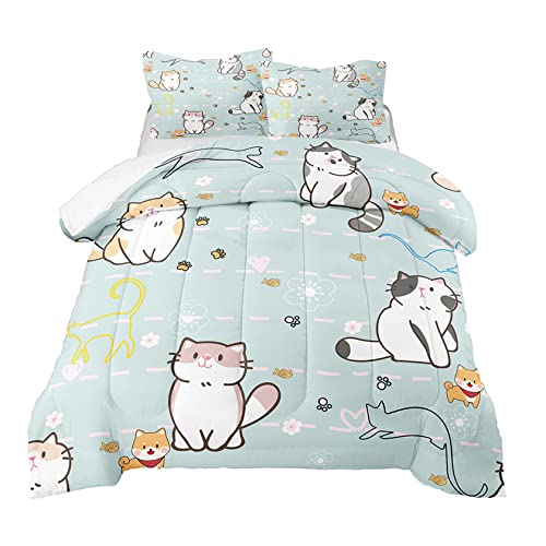 Cartoon Cat Bedding Set, Girls Super Soft Comforter Set Queen Size, Cute Cats Printed Quilt for Kids Teen, Lovely Blue Microfiber Comforter for All Season 3Pcs with Pillowcases