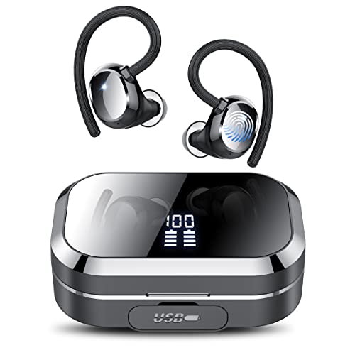 KT1 Bluetooth Headphones Wireless Earbuds 120hrs Playtime Wireless Charging Case Digital Display, Ear Buds with Earhook,IPX7 Waterproof, Deep Bass 2.0,Over-Ear Earphones for Sport Running