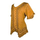 Agan Traders Boho Medieval Button Down Asymmetrical Hem Embroidered Tops for Women - Short Sleeve Women's Blouses Shirts (305 B, M, OGd) Old Gold