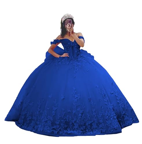 Ftupza Luxury Royal Blue 15 Dresses for Quinceanera Butterflies Off Shoulder Princess Sweet 16 Dresses Ball Gown Puffy Tulle Party Gowns Plus Size 18