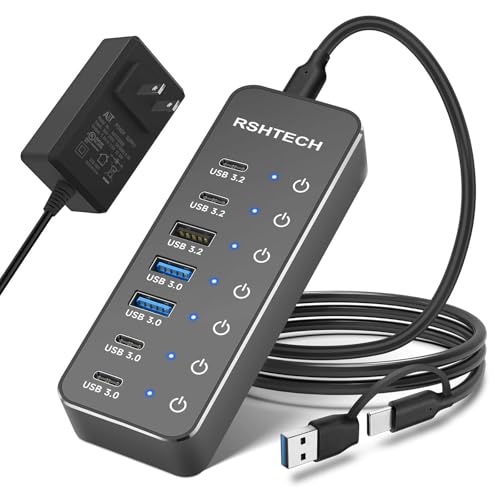 RSHTECH 7-Port Powered USB 3.2/USB-C Hub Splitter with 3 x 10Gbps USB-3.2 Ports (2C + 1A),4 USB-3.0 Ports (2C + 2A), 3.3ft Cable, Touch Switches, and 5V Power Adapter for Laptop PC