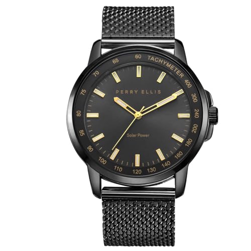 Perry Ellis Solar Powered Mens Watch | Steel Mesh Band | Water-Resistant Analog Wrist Watches for Men | 43mm Case | Aluminum Tachymeter Bezel | Elegant Gift for Man (Gun)