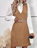 HOTOUCH Women Sweater Vest Dresses Loose Oversized Knit Pullover V Neck Sleeveless Sweater Tops with Pockets, Camel S