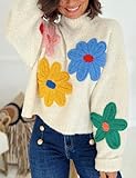 Yimoon Women's Cropped Floral Sweater 2024 Fall Winter Cute Crochet Flower Long Sleeve Knit Pullover Tops(White-M)